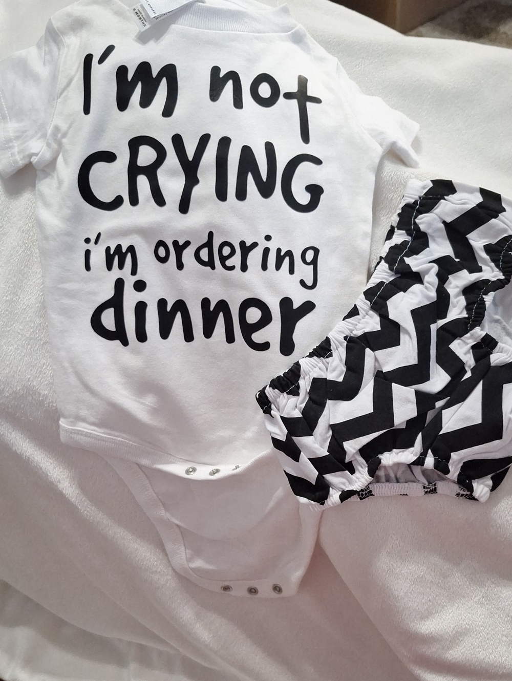 Rabbit Skins White Bodysuit with Black Text & Black Chevron Bloomers